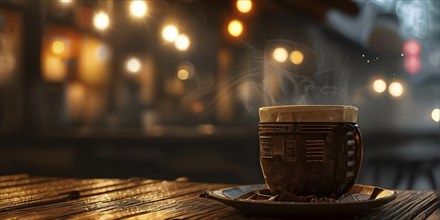 Coffee cup on a wooden table in a warmly lit cafe in blurred background, AI generated