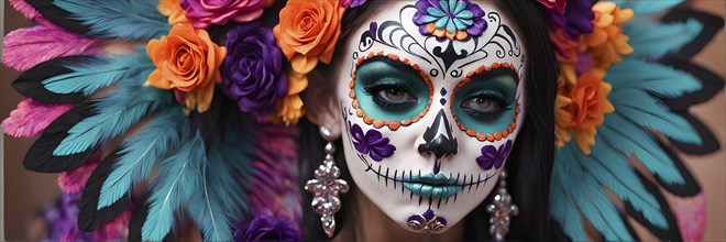 Woman in an extravagant dia de los muertos costume and a vibrant face makeup, AI generated