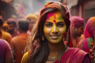 Indian woman colored face portrait during Holi Hindu festival, AI generated