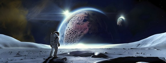 An astronaut stands on a lunar-like surface gazing at an immense planet rising, AI generated