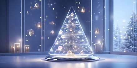 A three dimensional rendering of a futuristic Christmas tree made of glowing, semi-transparent