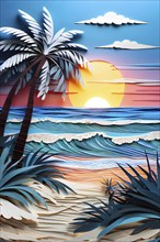 Minimalistic paper art illustration of a tropical beach with blue ocean and palm trees, AI