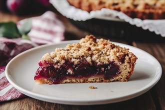 Slice of fresh plum pie with crumbles topping on plate. Generative AI, AI generated