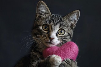 Cute tabby cat holding pink plush heart in paws on dark background. Generative Ai, AI generated