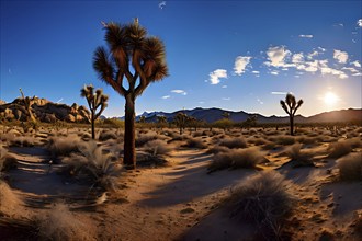 Mojave desert with joshua trees sprinkled in a sunrise, AI generated