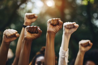 Close up of women's raised fists. KI generiert, generiert, AI generated