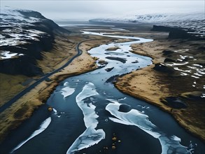 Aerial view of a meandering river winding through a nordic landscape, AI generated