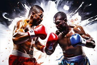 Illustration of dynamic boxing fighters mid action on a vibrant splash paint background, AI