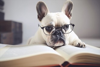 Smart French Bulldog dog with reading glasses and book. AI generated