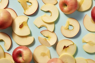 Top view of apples fruits and slices on blue background. KI generiert, generiert AI generated