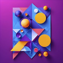 Illustration of abstract geometric flat lay composition of papers in hues of purple yellow magenta