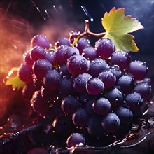 Harvest ready grape bunches with water droplets sparkling in the sunlight, AI generated