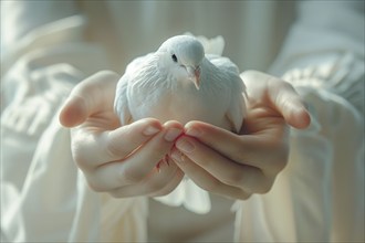 Close-up of a child's hands, with a white dove, dove of peace, AI generated, AI generated, AI