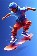 Skateboarder in dynamic jump abstracted into fluid shapes that capture elegance and dynamic in