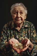 An elderly woman holds coins in both hands and looks sadly into the camera, symbolising poverty in