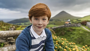 Happy red-haired boy with freckles in front of a natural, green landscape, Ireland, ki generated,