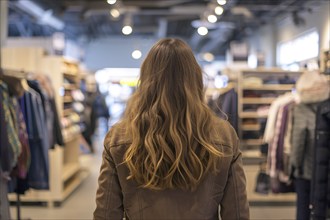 Back view of young woman in clothing store. KI generiert, generiert, AI generated