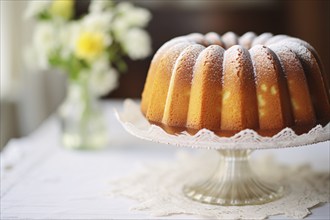 Round pund cake with sugar on cake stand. KI generiert, generiert AI generated