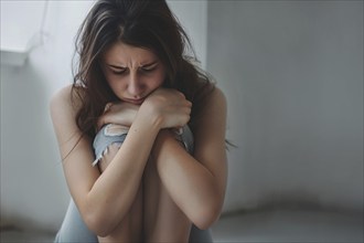 Sad young woman hugging her knees in domestic room. KI generiert, generiert AI generated