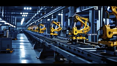 AI generated automotive assembly line in car manufacturing progression with automated machines