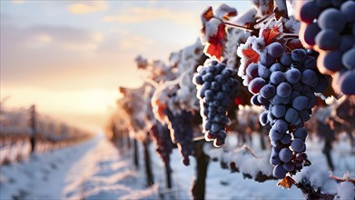 AI generated close up of grapevines in winter in the vineyard with snow blankets dormant vines and