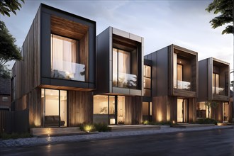 AI generated row of modern modular private townhouses featuring wooden cladding distinct panels