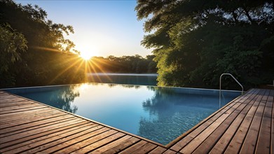 AI generated tranquil ambiance of empty wooden deck with swimming pool at sunrise