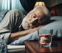 A sleeping man with a glass with his dentures, AI generated, AI generated