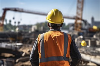 Back view of construction worker with safety helmet and vest working at construction site. KI