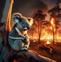 Climate change, global warming, bushfires, a koala in Australia sitting on a burning eucalyptus