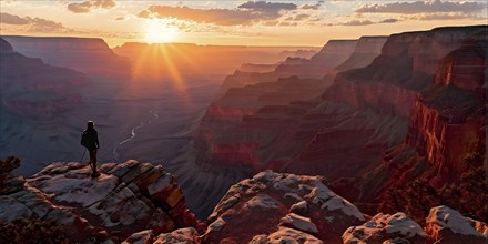 Sunrise over grand canyon in vibrant colors casting light on overhanging rock formations, AI