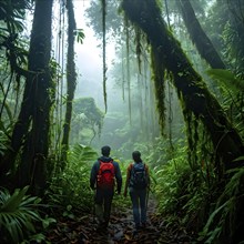 Adventurous couple hiking through dense amazon rainforest, AI generated