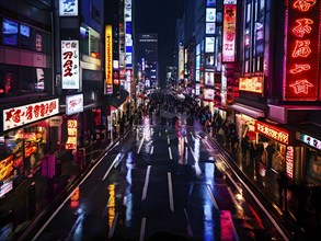 Tokyo streets at night with water puddles reflecting a neon glow and bustling crowd, AI generated