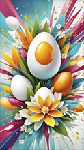 An energetic, abstract explosion of spring colors with egg and flower motifs subtly integrated,