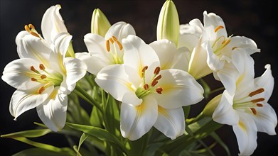 Blooming Easter lilies with soft white petals and a yellow center, bathed in gentle sunlight, AI