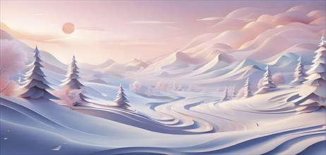 Christmas-themed abstract landscape with fluid, flowing lines representing snow-covered hills and