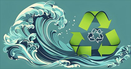 Illustration of swirling ocean waves and recycling symbols to represent clean oceans and