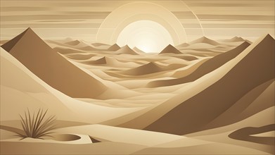 Abstract desert scene with triangular sand dunes and a single circular sun, using sharp lines and