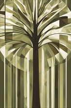 Abstract geometric tree with a circular canopy and a rectangular trunk, arranged in a clean,