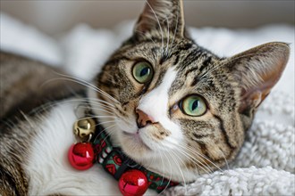 Portrait of cat with Christmas collar with bells. Generative Ai, AI generated