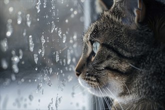 Cat looking out of window with winter snow landscape. Generative Ai, AI generated