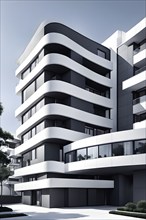 Rendering of a modern real estate apartment building in clean geometric forms in black and white,