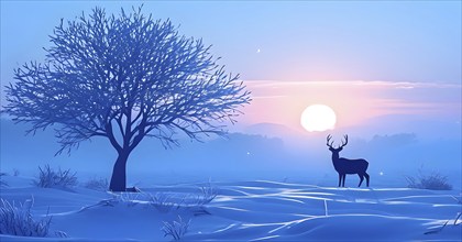 Abstract minimalist winter scene with a single, sharp silhouette of a deer and of a snow-covered