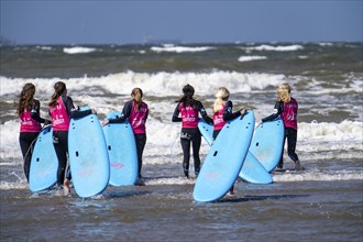 Course for surfers, surfing beginners, on the beach of Scheveningen, Netherlands