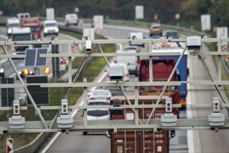 Sensors on a toll bridge, for recording motorway tolls, on the A3 motorway near Hamminkeln, Lower