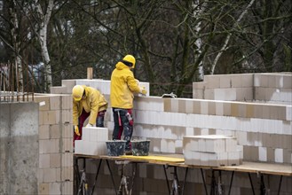 Building site, house being built, bricklayers at work, building a wall, on scaffolding, high