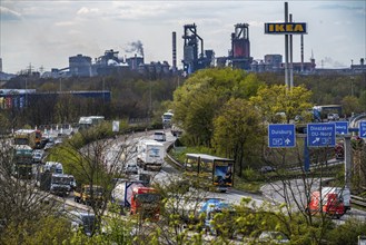 Duisburg-Nord motorway junction, A42 and A59 motorways, heavy traffic, blast furnaces of