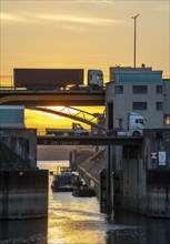 Road bridges over the outer harbour basin in the Rhine port of Duisburg, Am Brink, above,