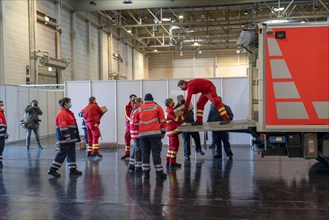 Construction of a vaccination centre for corona vaccinations, in a hall at Messe Essen, by the