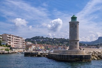 Lighthouse and harbour entrance of Cassis, Provence-Alpes-Cote d'Azur, South of France, France,